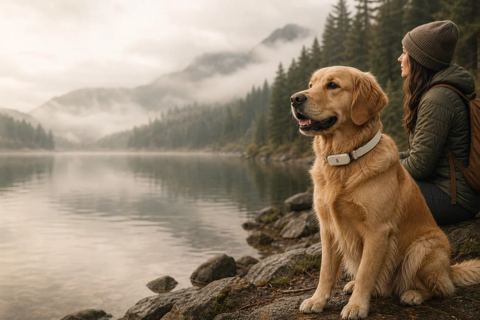 Golden retriever wearing a Cedar smart collar near a misty Pacific Northwest lake