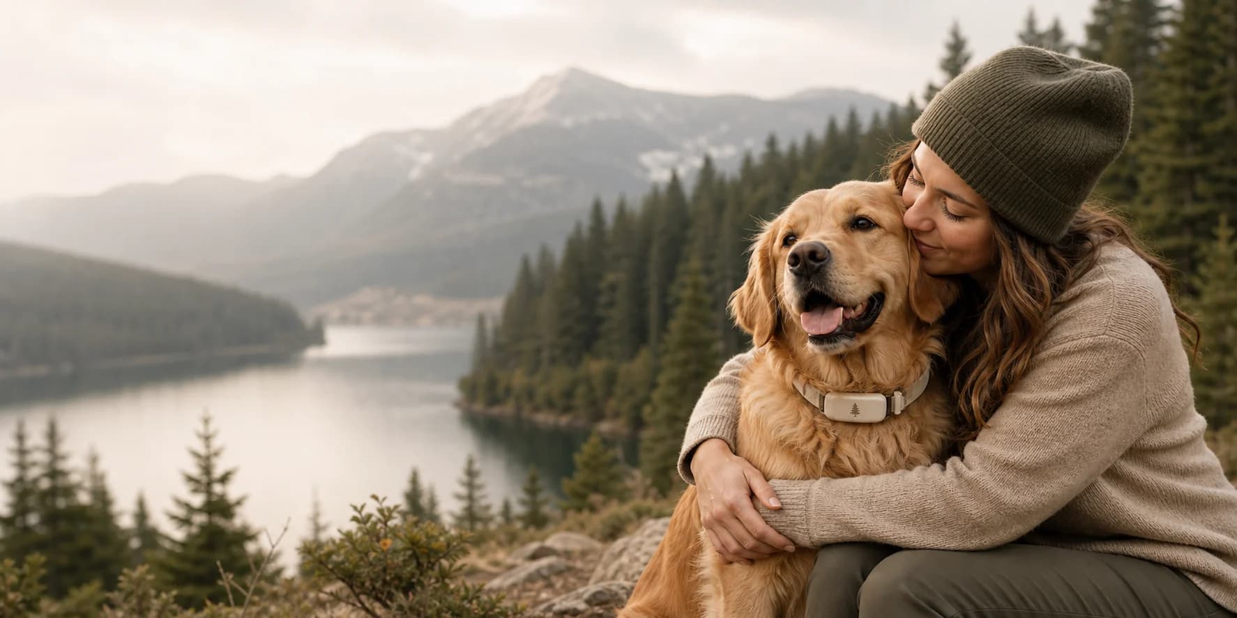 Dog owner hugging a golden retriever